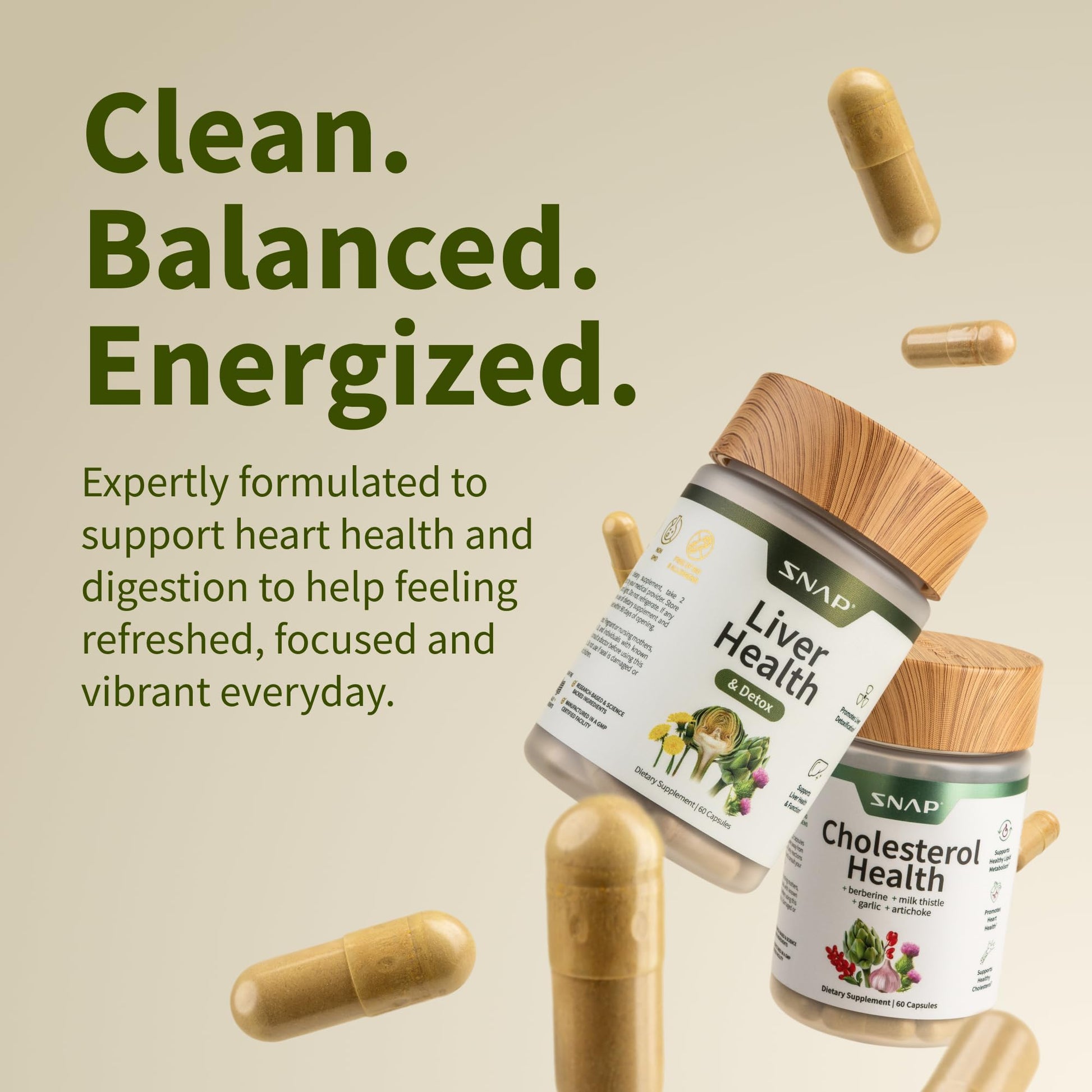 Close-up of the supplement labels emphasizing the sixty capsule count for each formula.