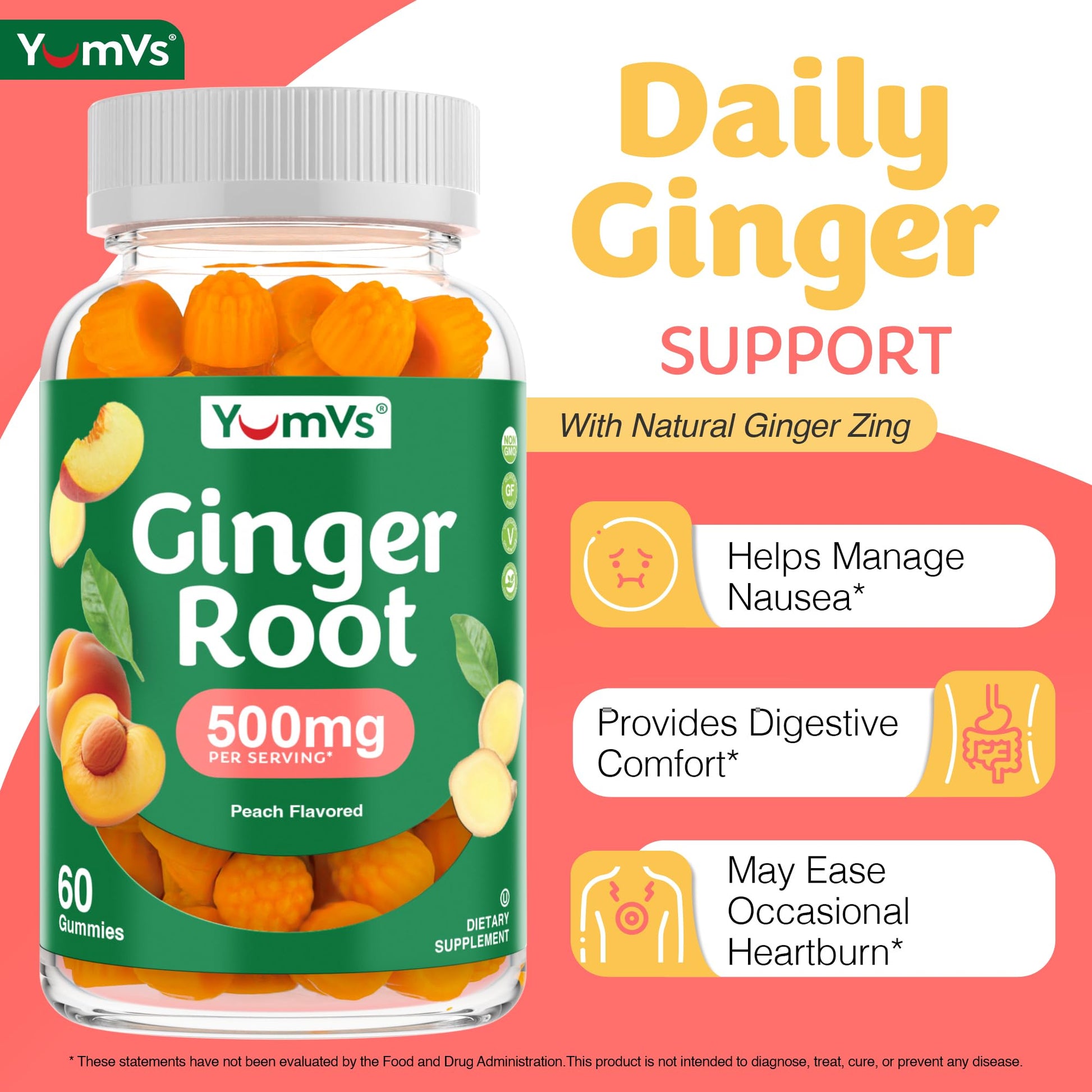 Premium peach flavored herbal supplement for motion sickness and morning sickness relief.
