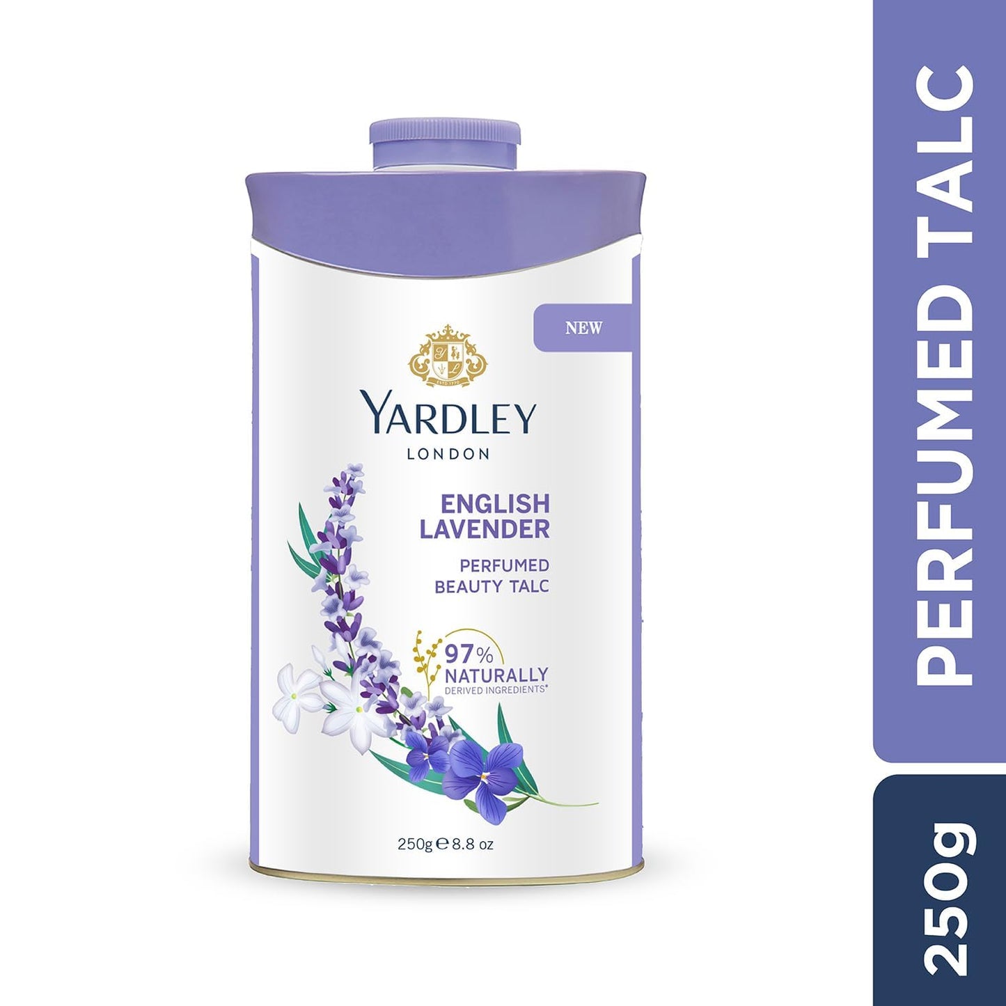 Close up of Yardley London English Lavender Talc branding