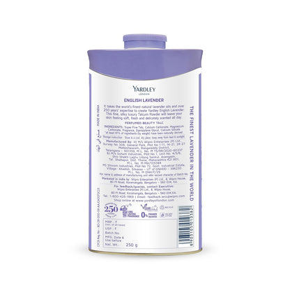 Side view showing 250g weight of Yardley Lavender Talc