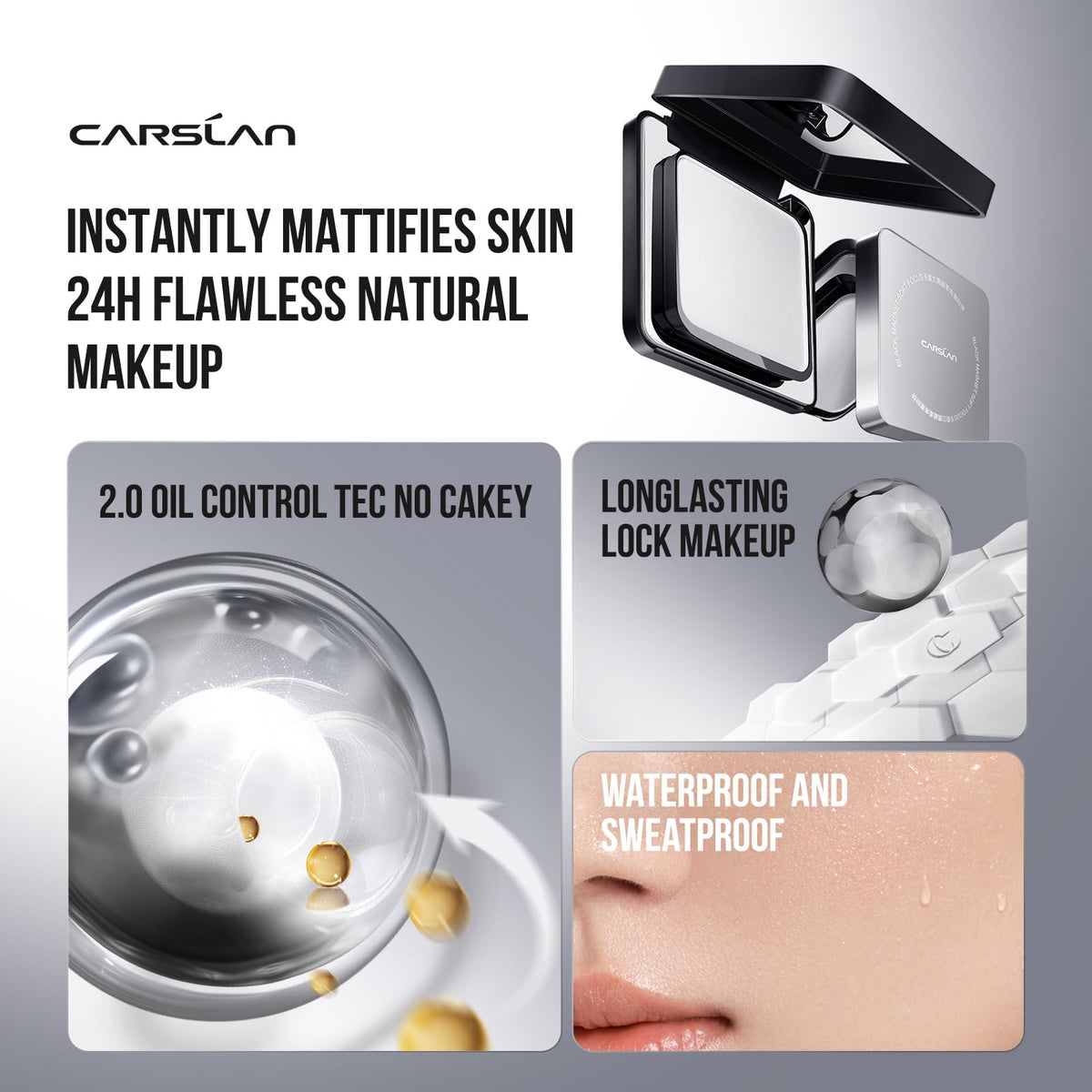 Carslan translucent powder open compact showing mirror and puff