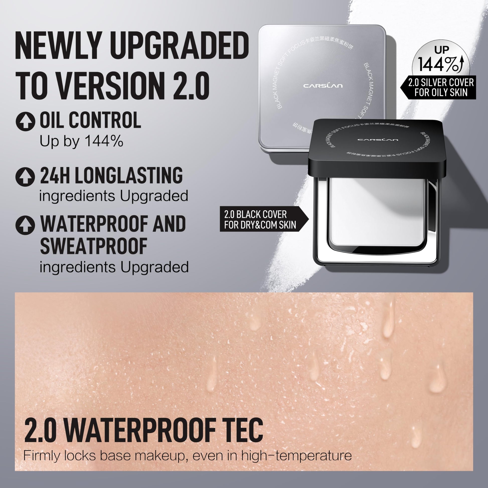 Waterproof oil control face powder compact side angle detailing the sleek travel friendly case