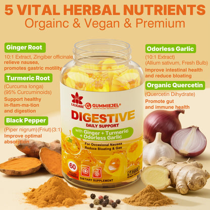 Liquid filled ginger and garlic dietary supplement bottle side panel facts.