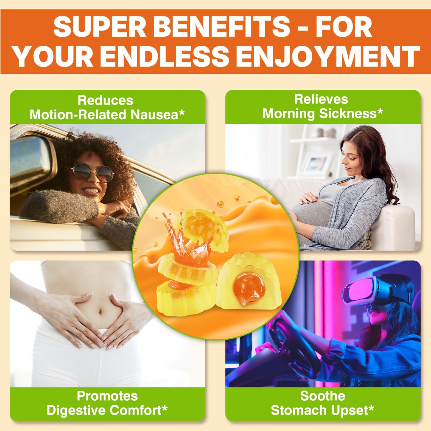 LILICARE motion sickness chewable pills for adult stomach relief.