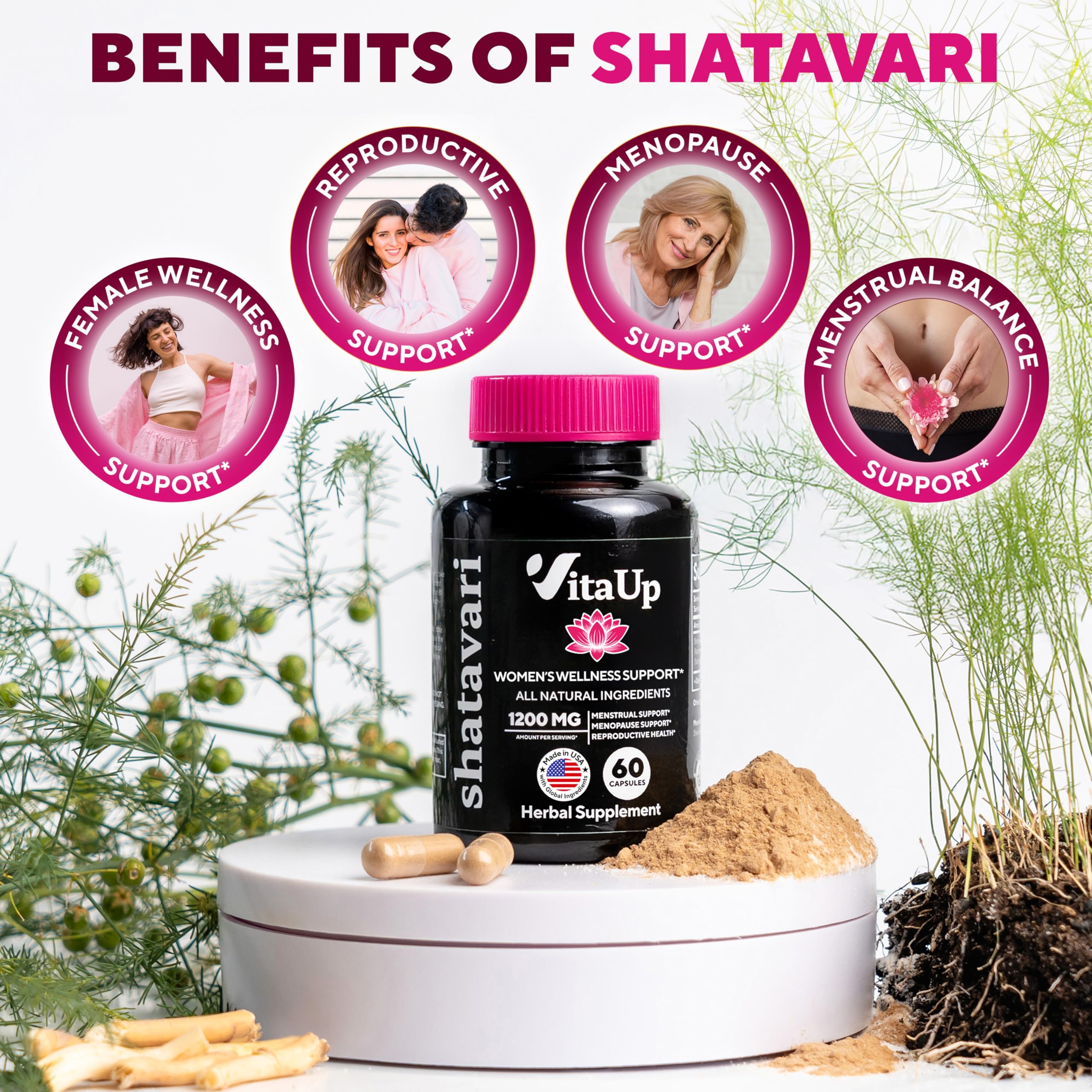Back label of VitaUp Shatavari supplement detailing the 1200mg dosage instructions and ingredients.