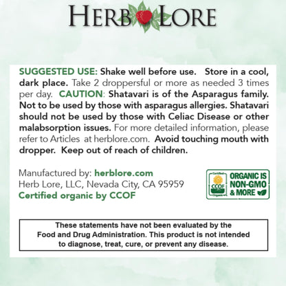 Authentic USA imported Herb Lore Shatavari Tincture packaging box