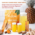 PuriVibe Pineapple Ginger Shots individual stick packets arranged next to a premium glass mixing bottle.