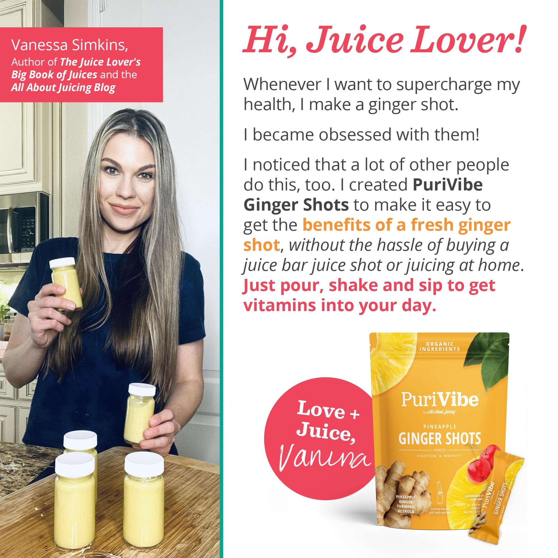 PuriVibe Ginger Shots wellness powder being poured from a single serve stick pack into water for digestion support.