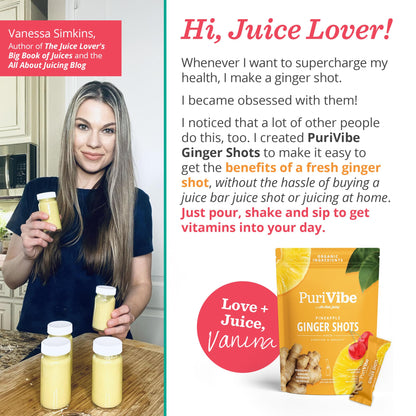 PuriVibe Ginger Shots wellness powder being poured from a single serve stick pack into water for digestion support.