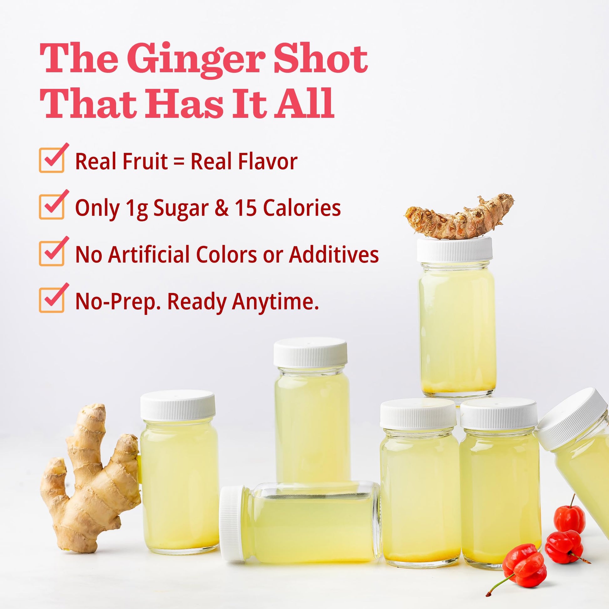 Premium imported immunity shots packaging highlighting the active ingredients including ginger turmeric and pineapple.