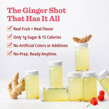 Premium imported immunity shots packaging highlighting the active ingredients including ginger turmeric and pineapple.