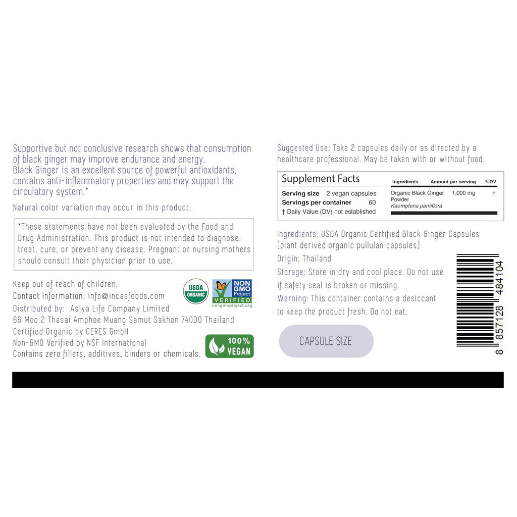 Incas USDA organic Thai black ginger supplement facts and ingredients label