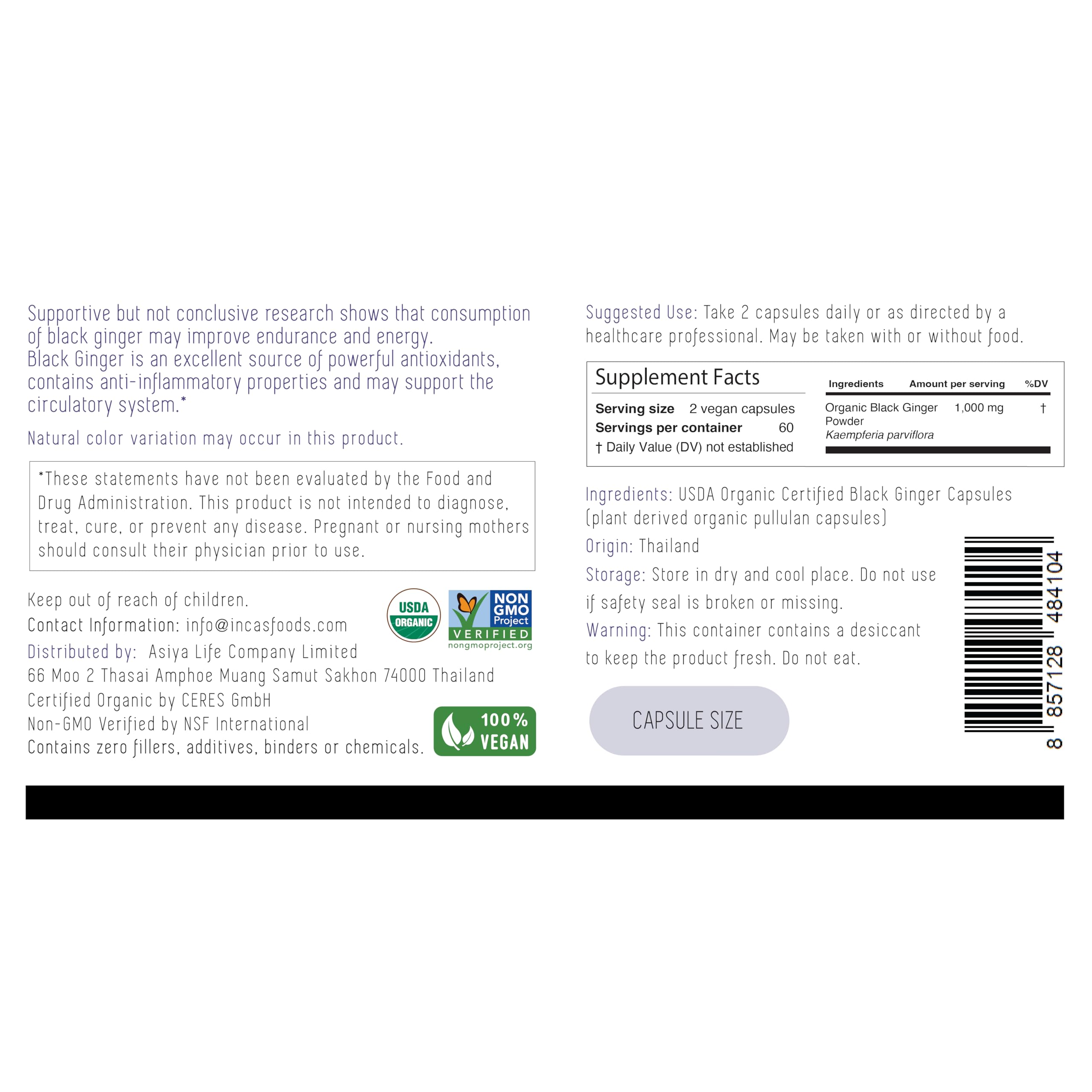 Incas USDA organic Thai black ginger supplement facts and ingredients label