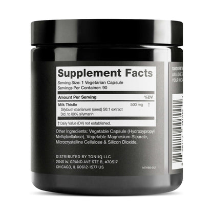 Toniiq Milk Thistle dietary supplement supplement facts panel detailing silymarin content