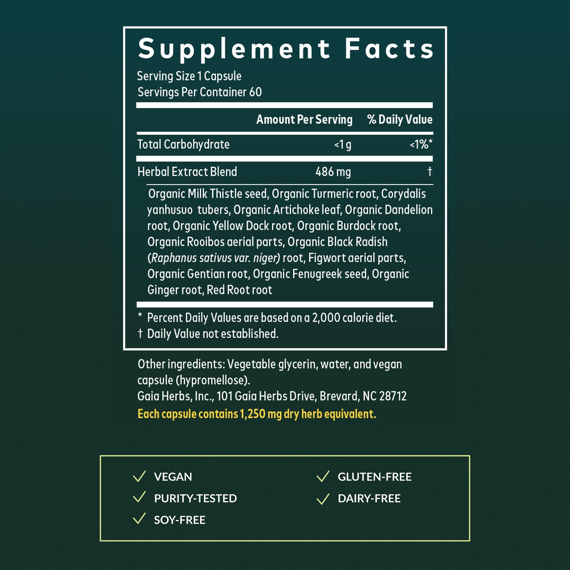 Side view of Gaia Herbs Liver Cleanse supplement facts and organic certifications