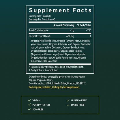 Side view of Gaia Herbs Liver Cleanse supplement facts and organic certifications