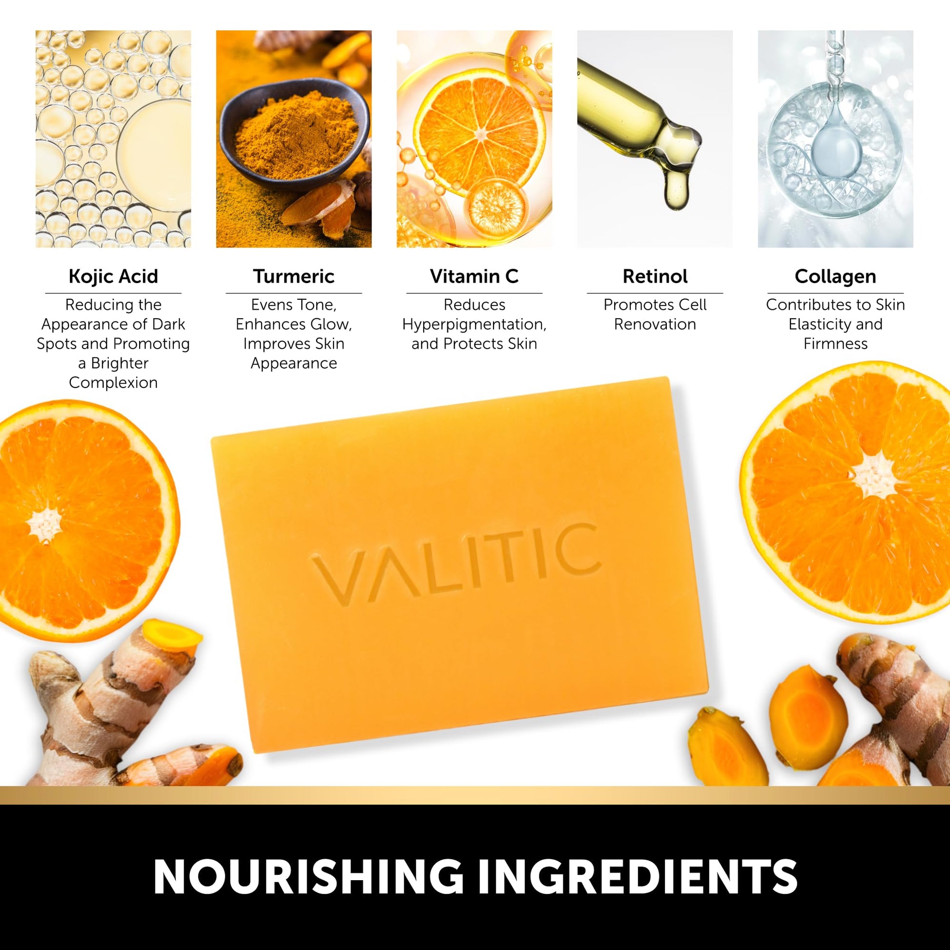 VALITIC brightening soap bar highlighting hyaluronic acid and vitamin E complex.