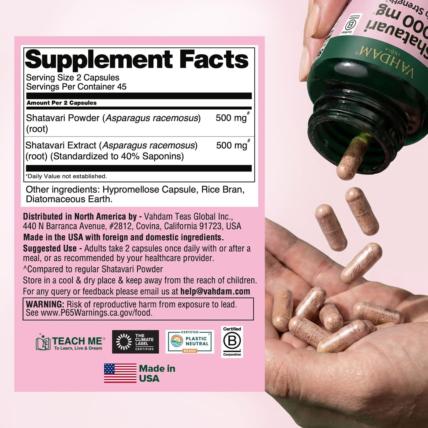 Premium USA imported VAHDAM Shatavari herbal capsules for menstrual cycle regularity