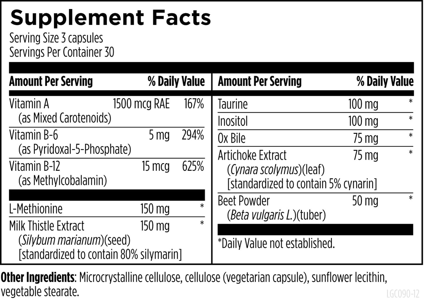 Authentic imported USA Designs for Health LV-GB Complex capsules bottle side panel