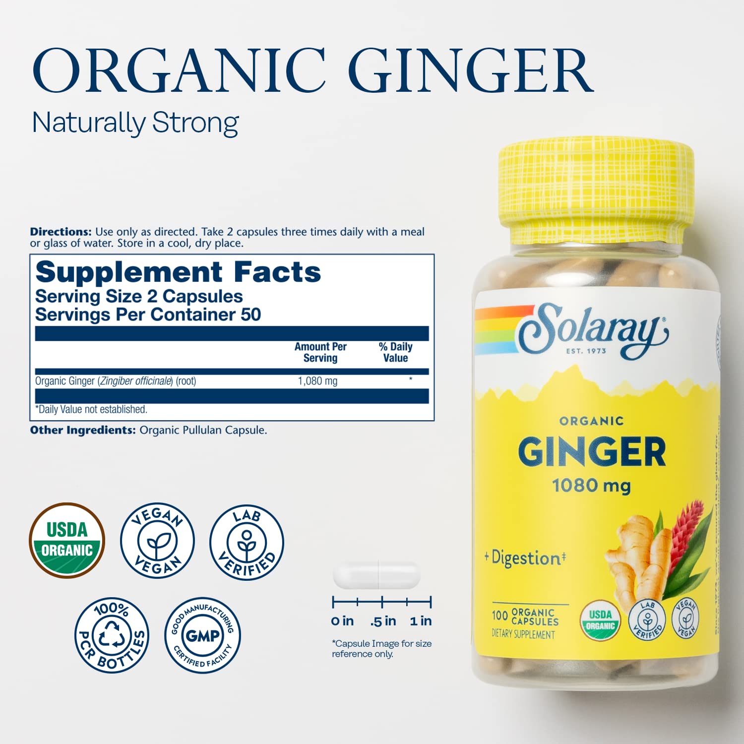Solaray Organic Ginger supplement showing nutritional facts panel and dosage instructions.
