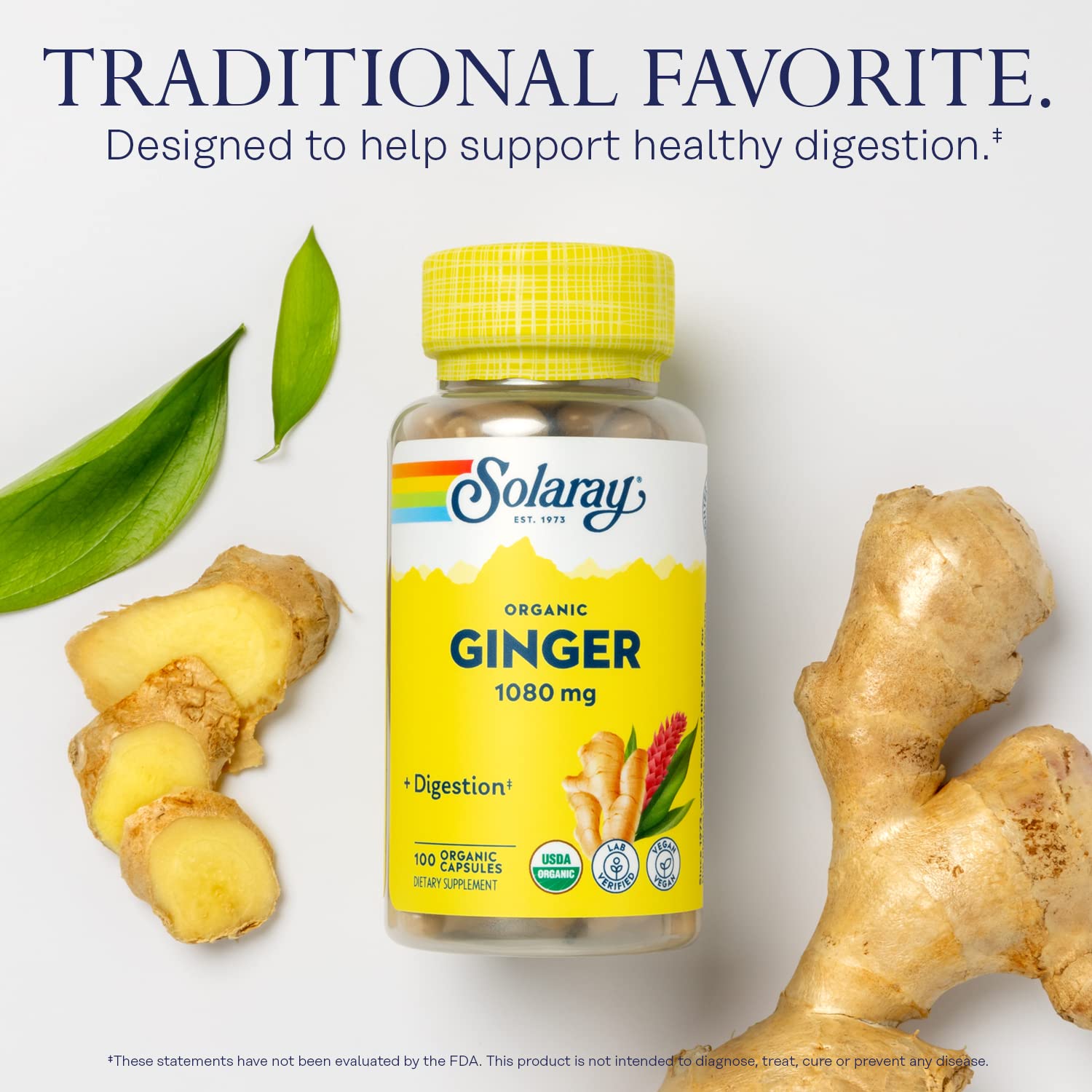 Side view of Solaray Organic Ginger bottle demonstrating the certified organic logo.