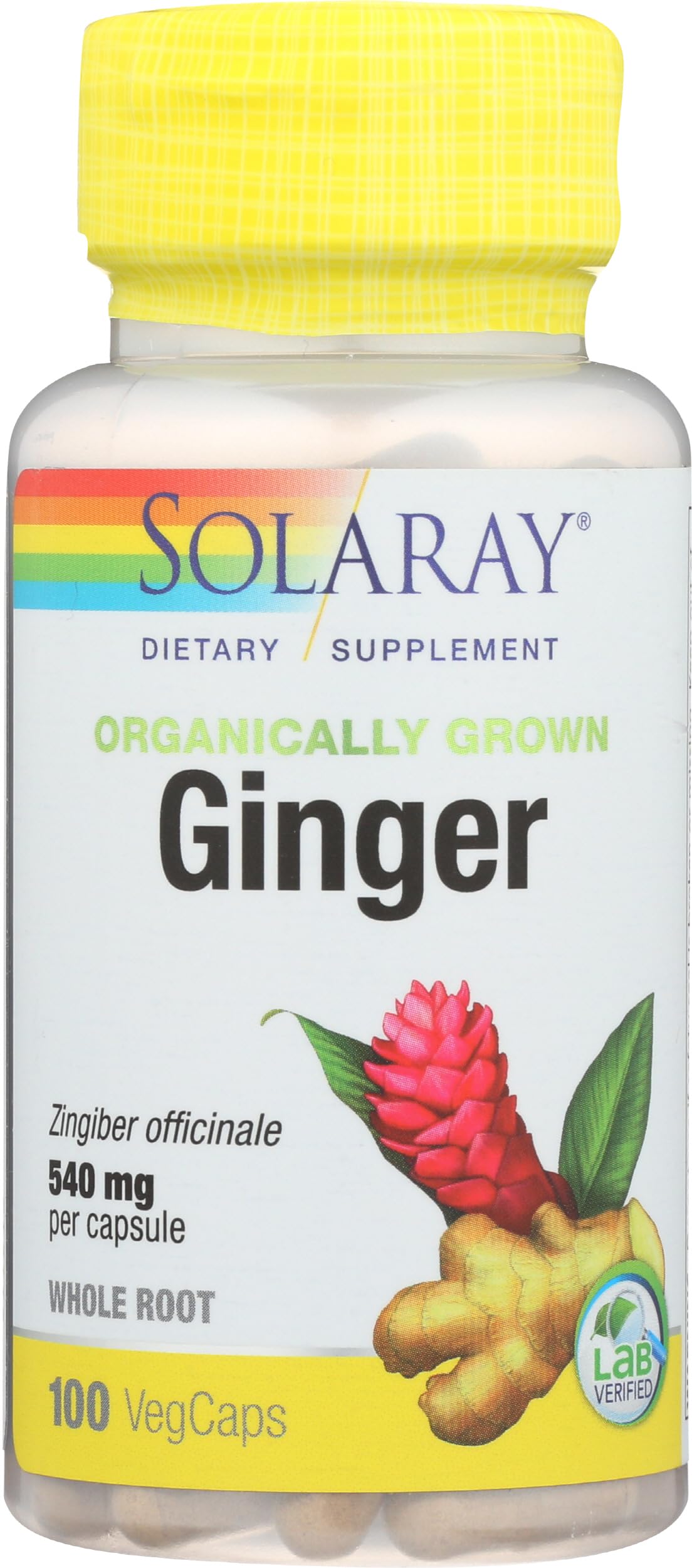 Solaray Organic Ginger capsules displayed next to the premium protective packaging.