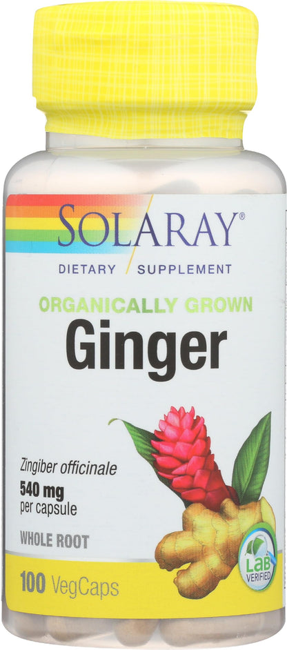 Solaray Organic Ginger capsules displayed next to the premium protective packaging.