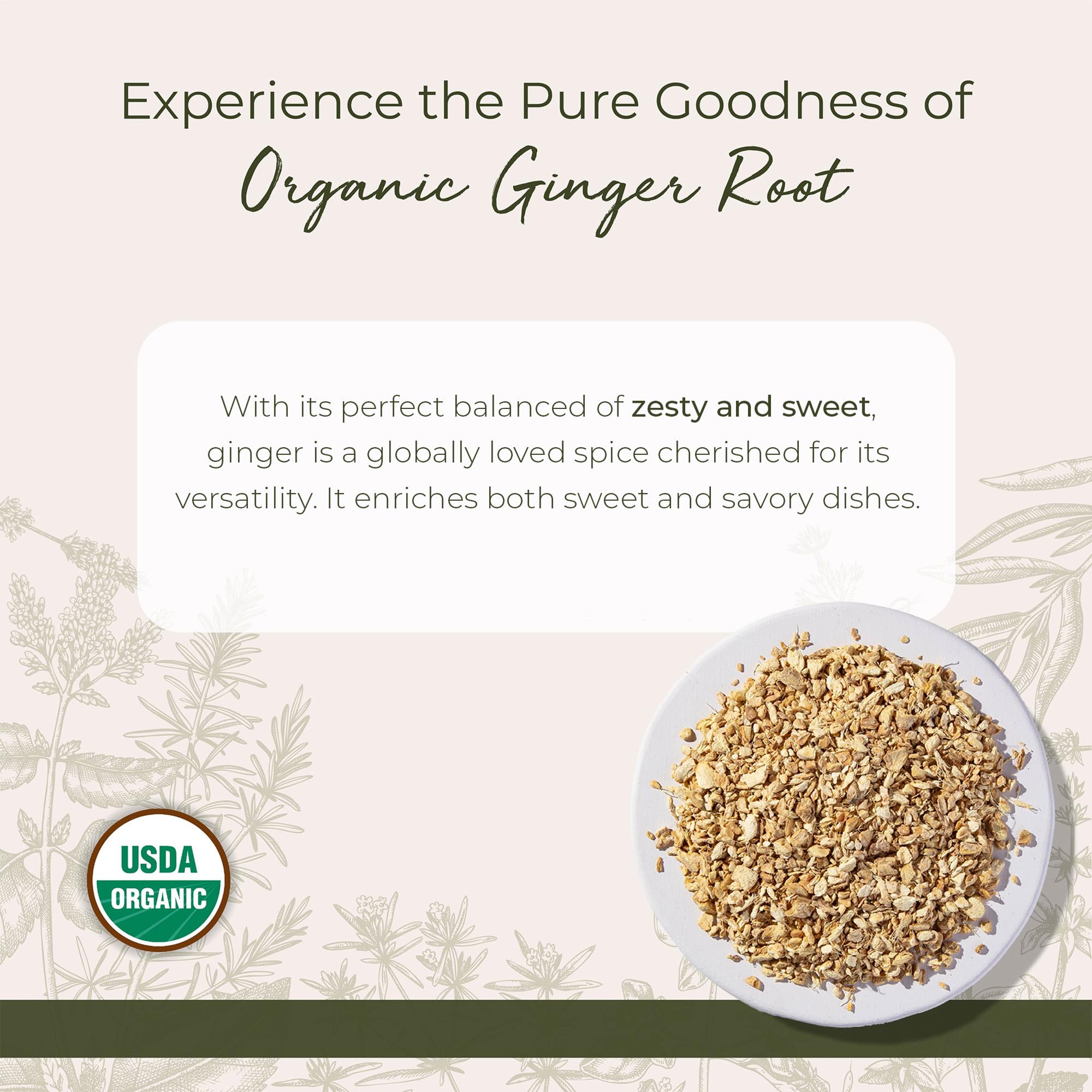 Dried cut and sifted ginger root pieces displayed outside the packaging.