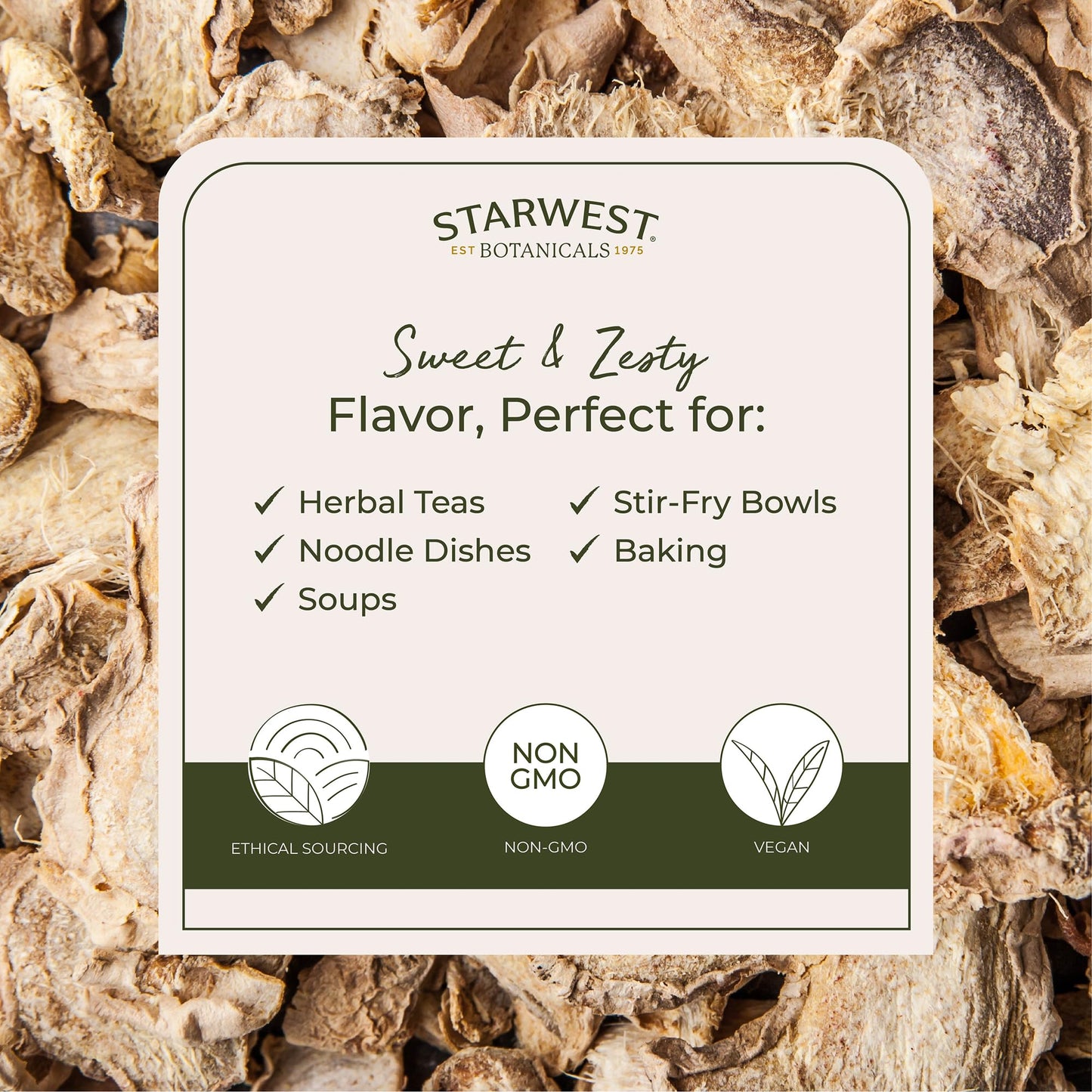 Starwest Botanicals bulk herb bag highlighting the Kosher and organic certification labels.