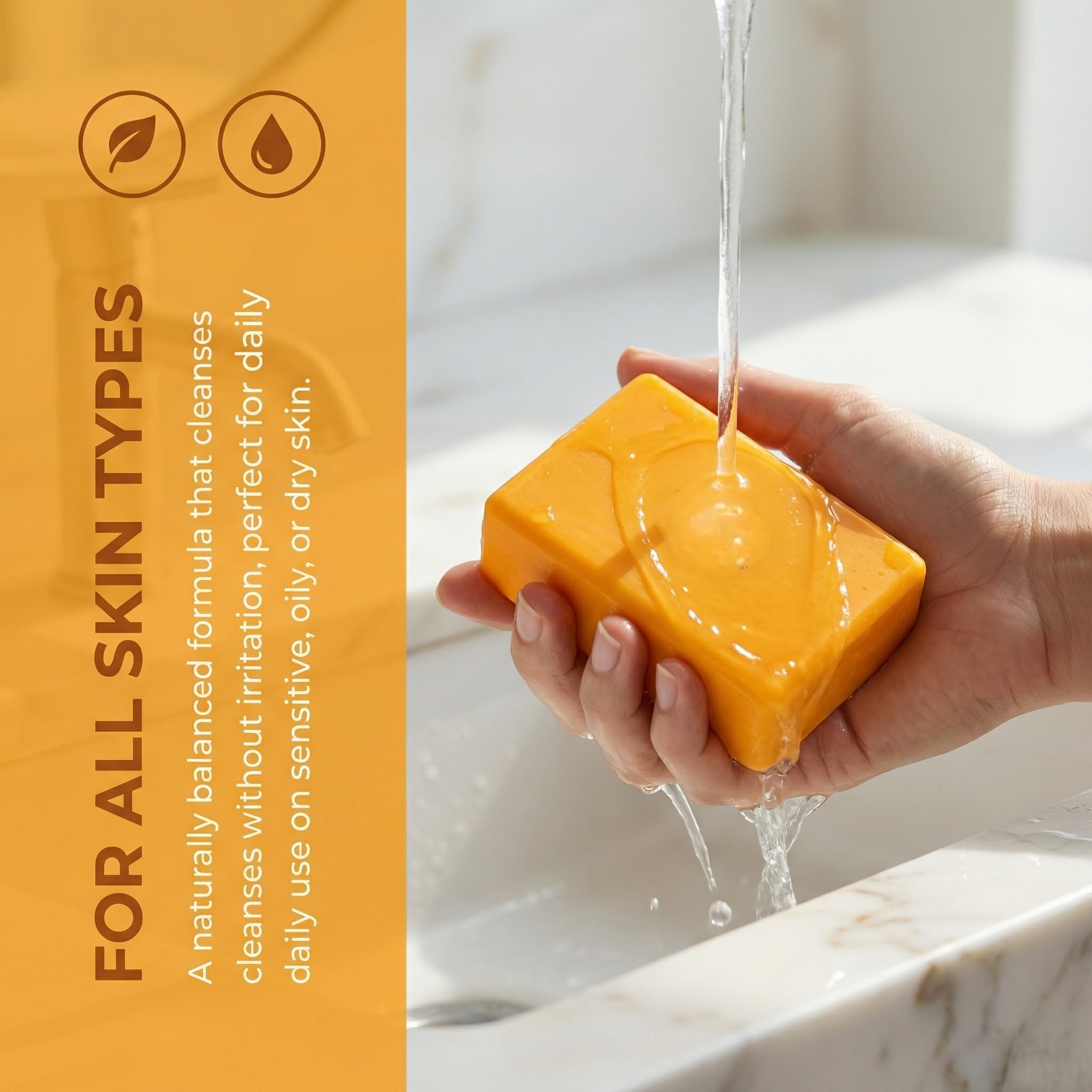 Turmeric glow soap bar held in hand for scale