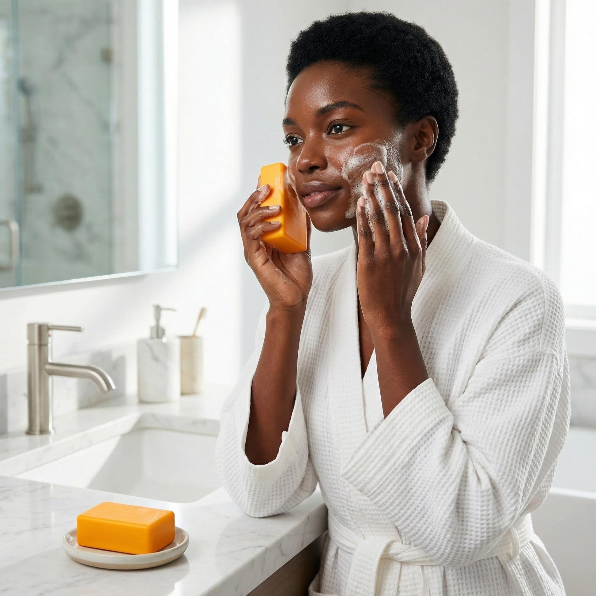 Turmeric glow soap in a decorative soap dish
