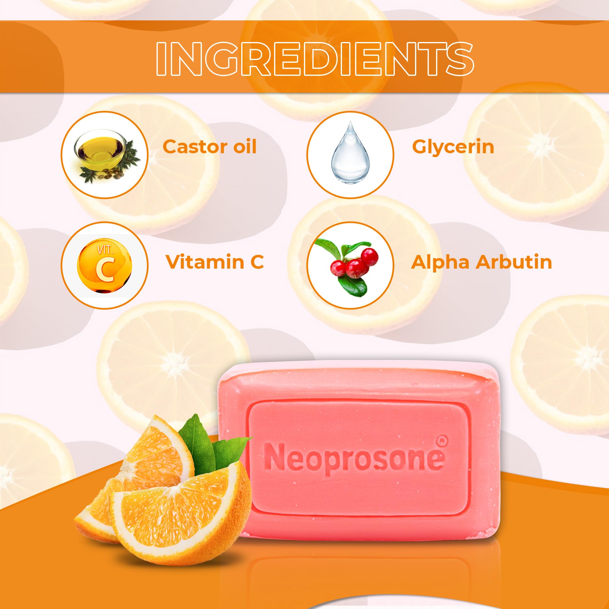 Neoprosone cleansing bar soap infused with vitamin C for dark spot reduction.