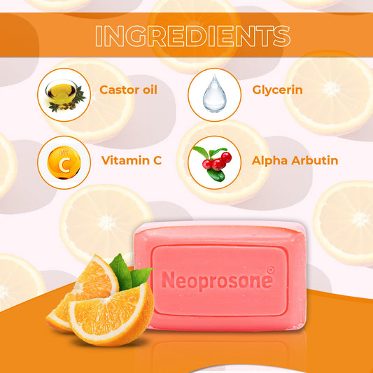 Neoprosone cleansing bar soap infused with vitamin C for dark spot reduction.
