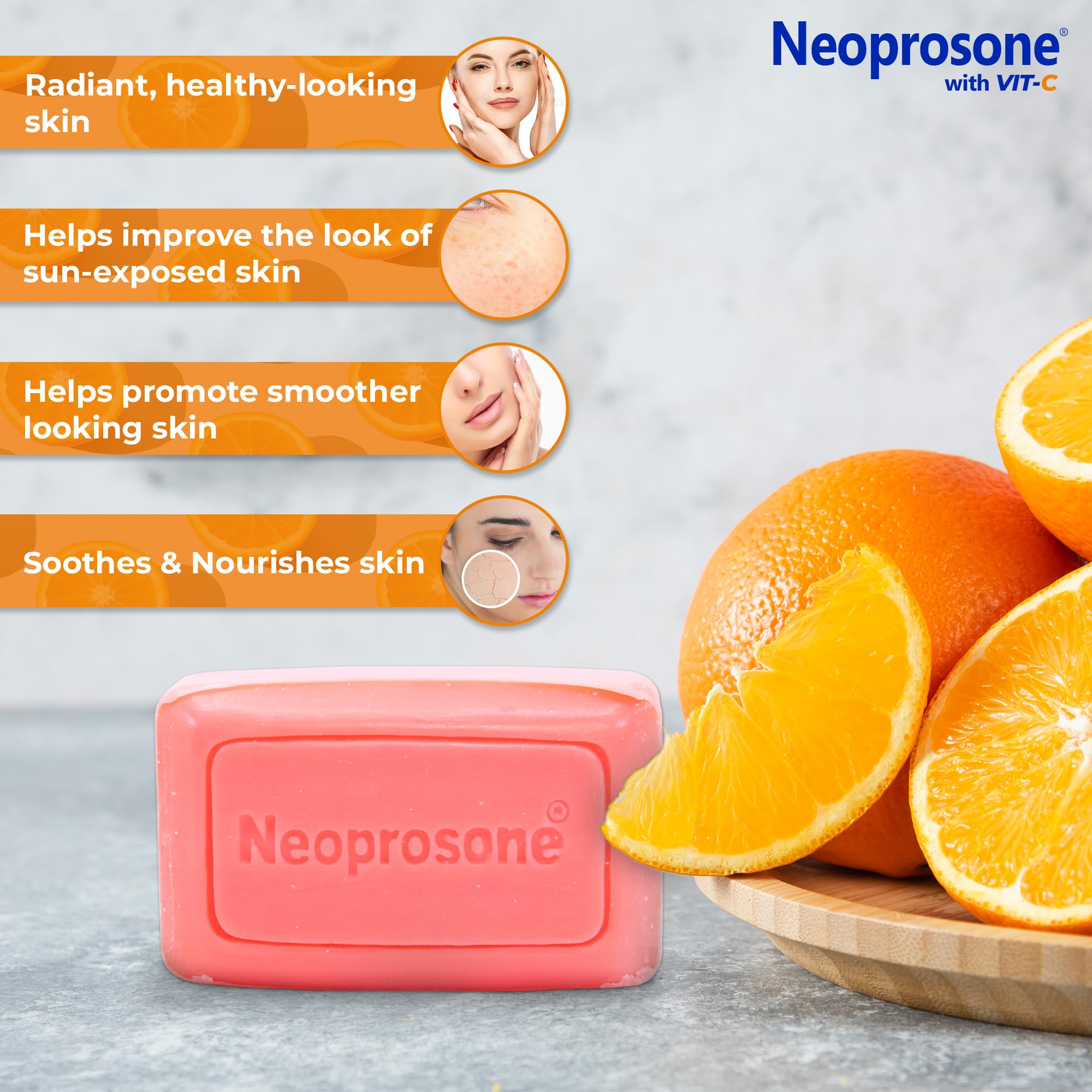Side view of Neoprosone imported USA beauty soap packaging showing ingredients.