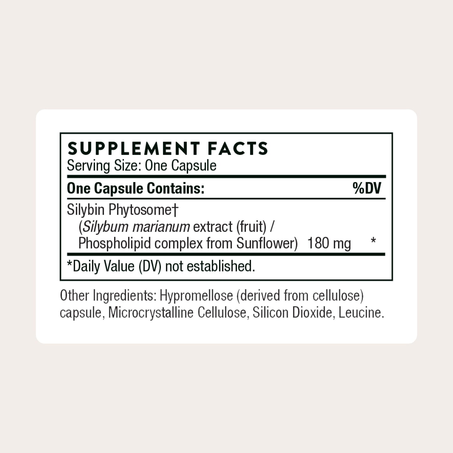 Thorne Milk Thistle Phytosome supplement facts and ingredient list label view