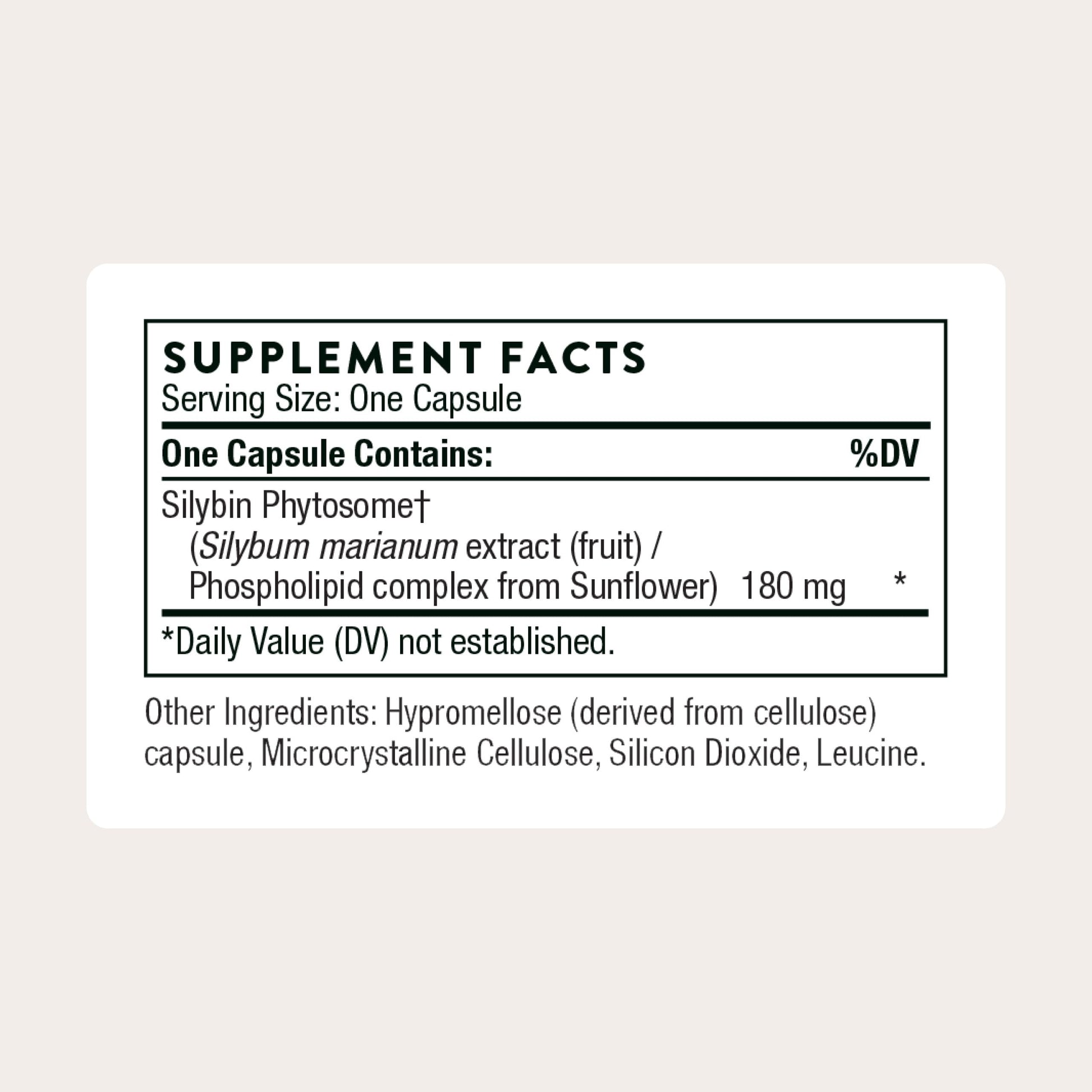 Thorne Milk Thistle Phytosome supplement facts and ingredient list label view