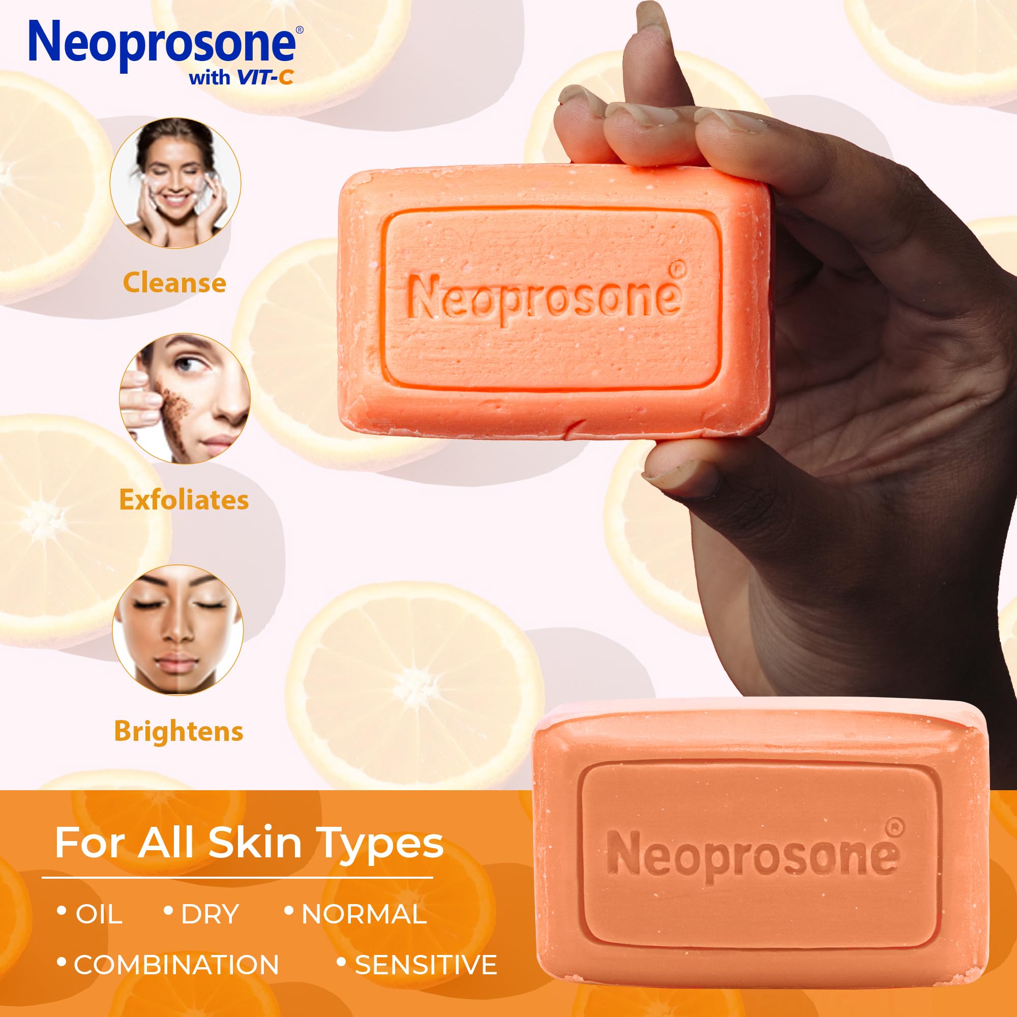Neoprosone hyperpigmentation cleansing bar soap displaying product weight and usage.