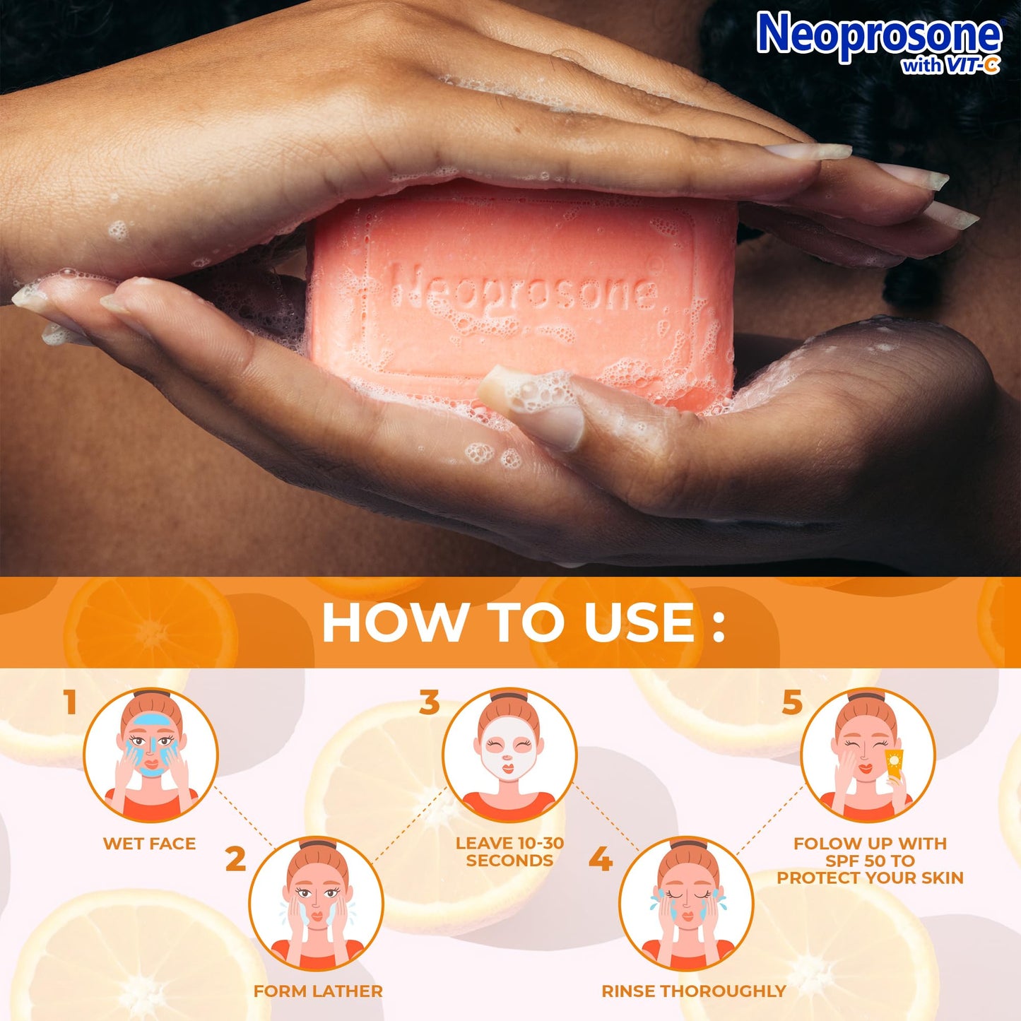 Top view of Neoprosone vitamin C soap box highlighting skin radiance benefits.