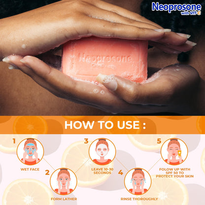 Top view of Neoprosone vitamin C soap box highlighting skin radiance benefits.