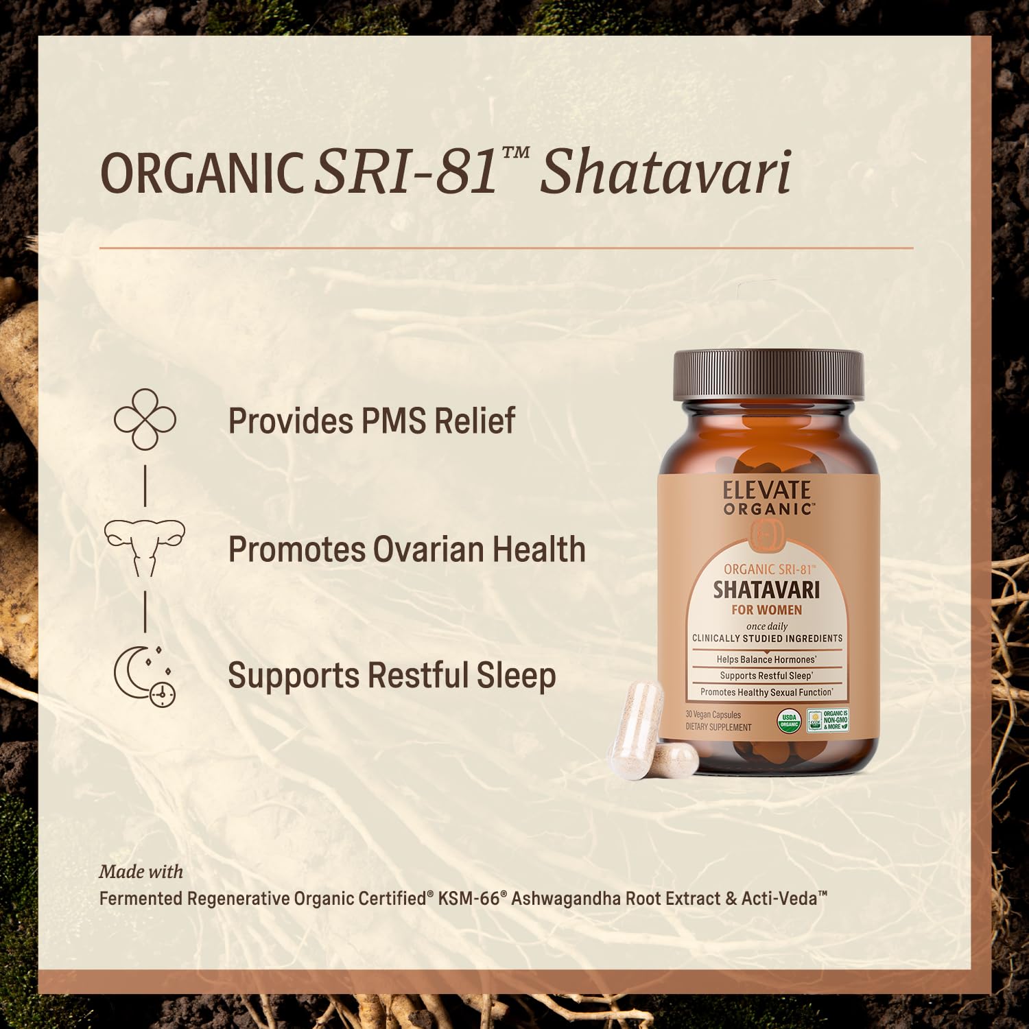 Elevate Organic Shatavari vegan capsules supplement facts and organic certification seal