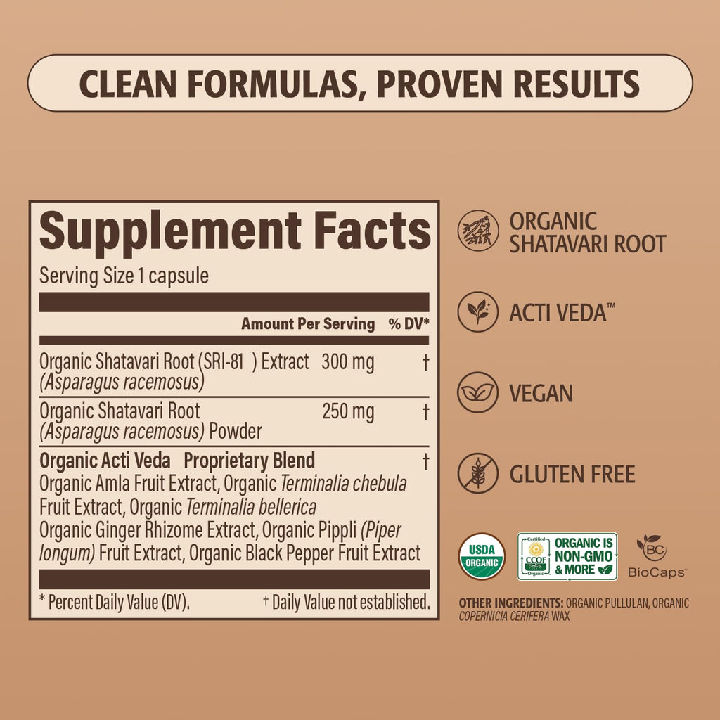 Elevate Organic Shatavari capsules with Acti Veda blend for menopause relief