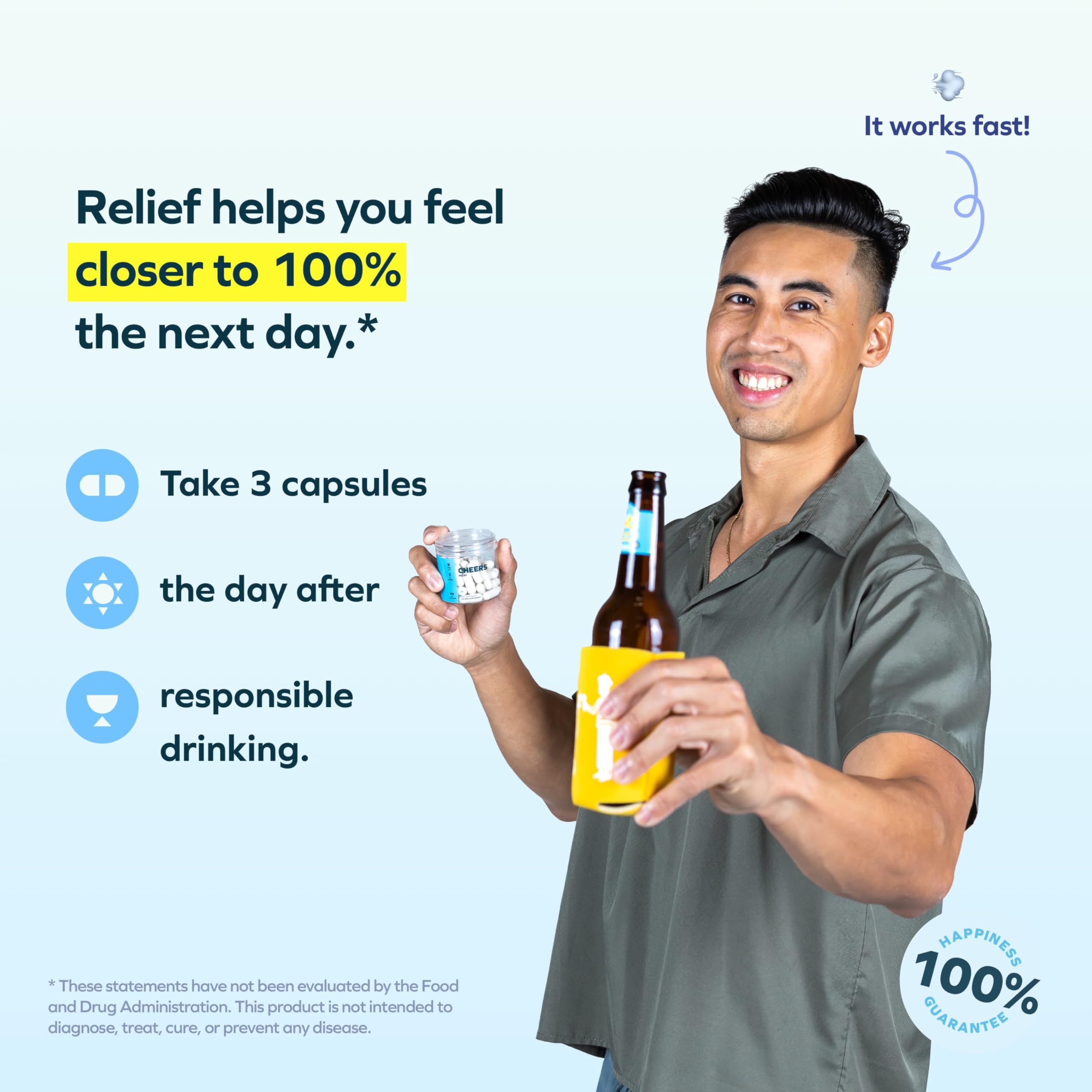 Cheers Relief supplement packaging showing ginger and white willow bark ingredients