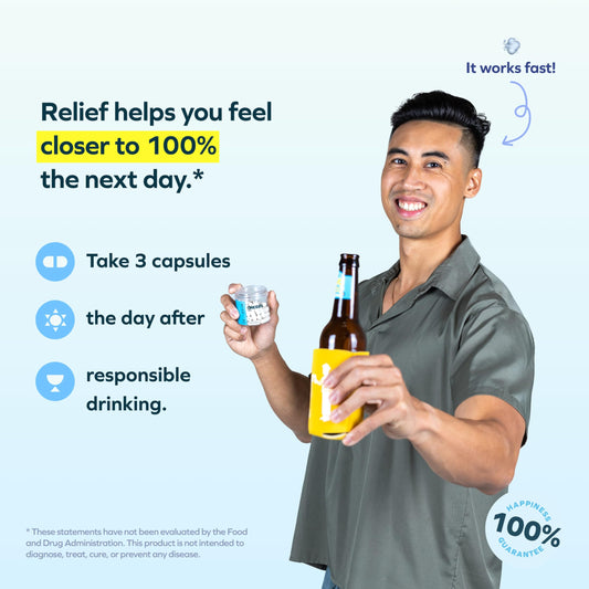 Cheers Relief supplement packaging showing ginger and white willow bark ingredients