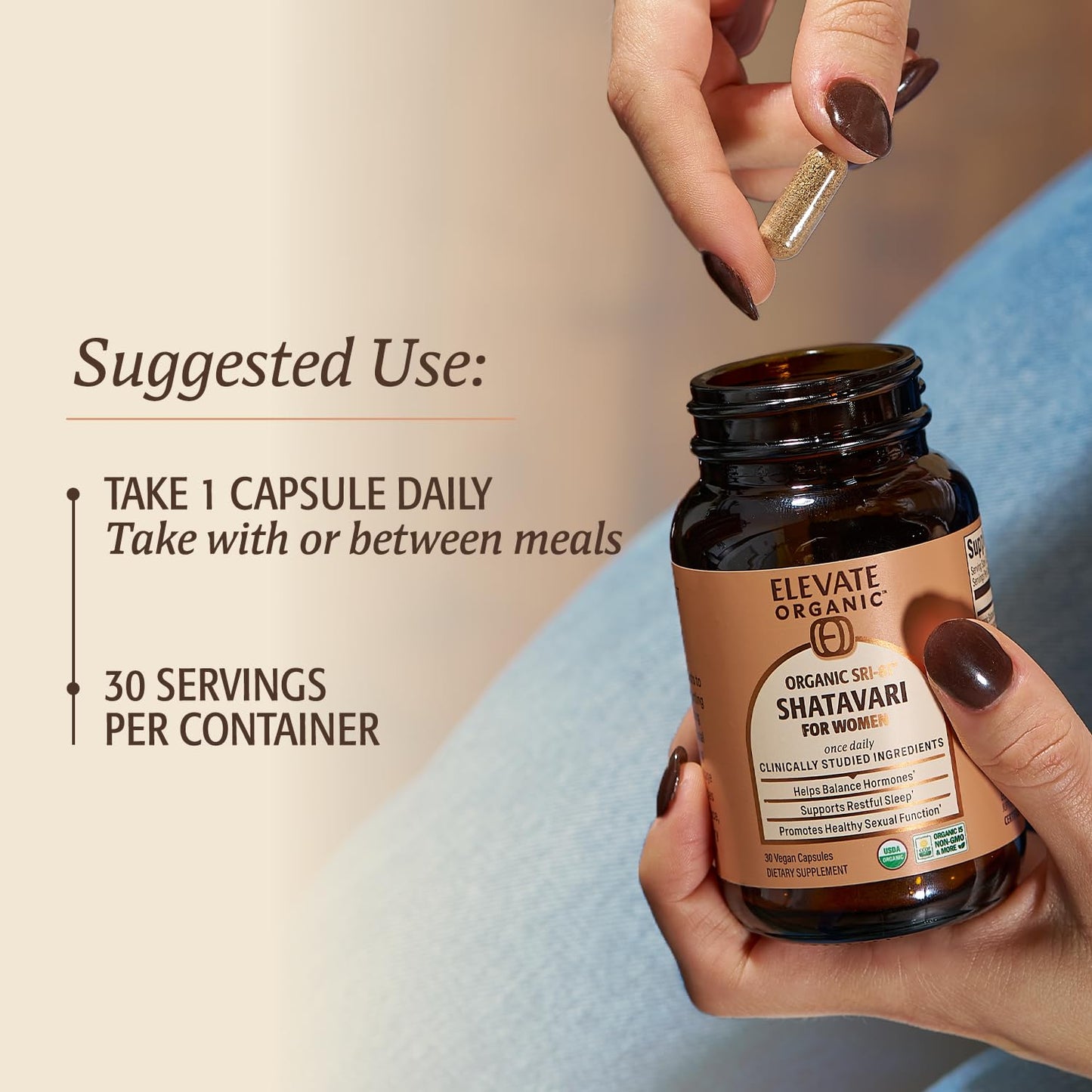Premium clinically studied organic Shatavari pills packaging highlighting 30 servings