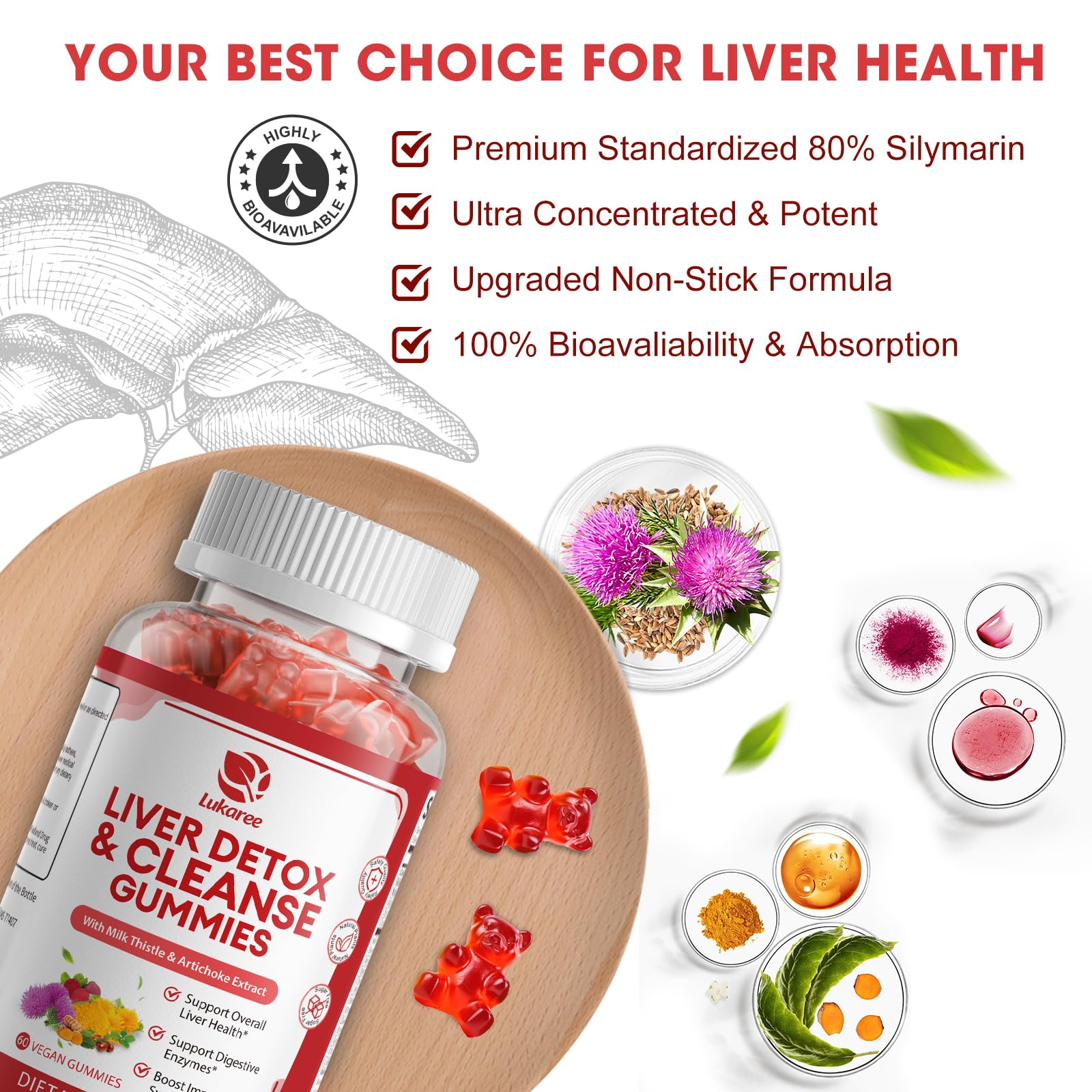 Lukaree non-GMO gluten-free liver support gummies packaging details