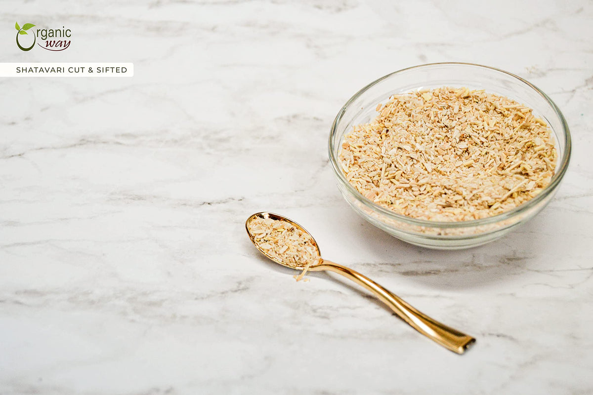Close up of Organic Way dried shatavari cut and sifted texture