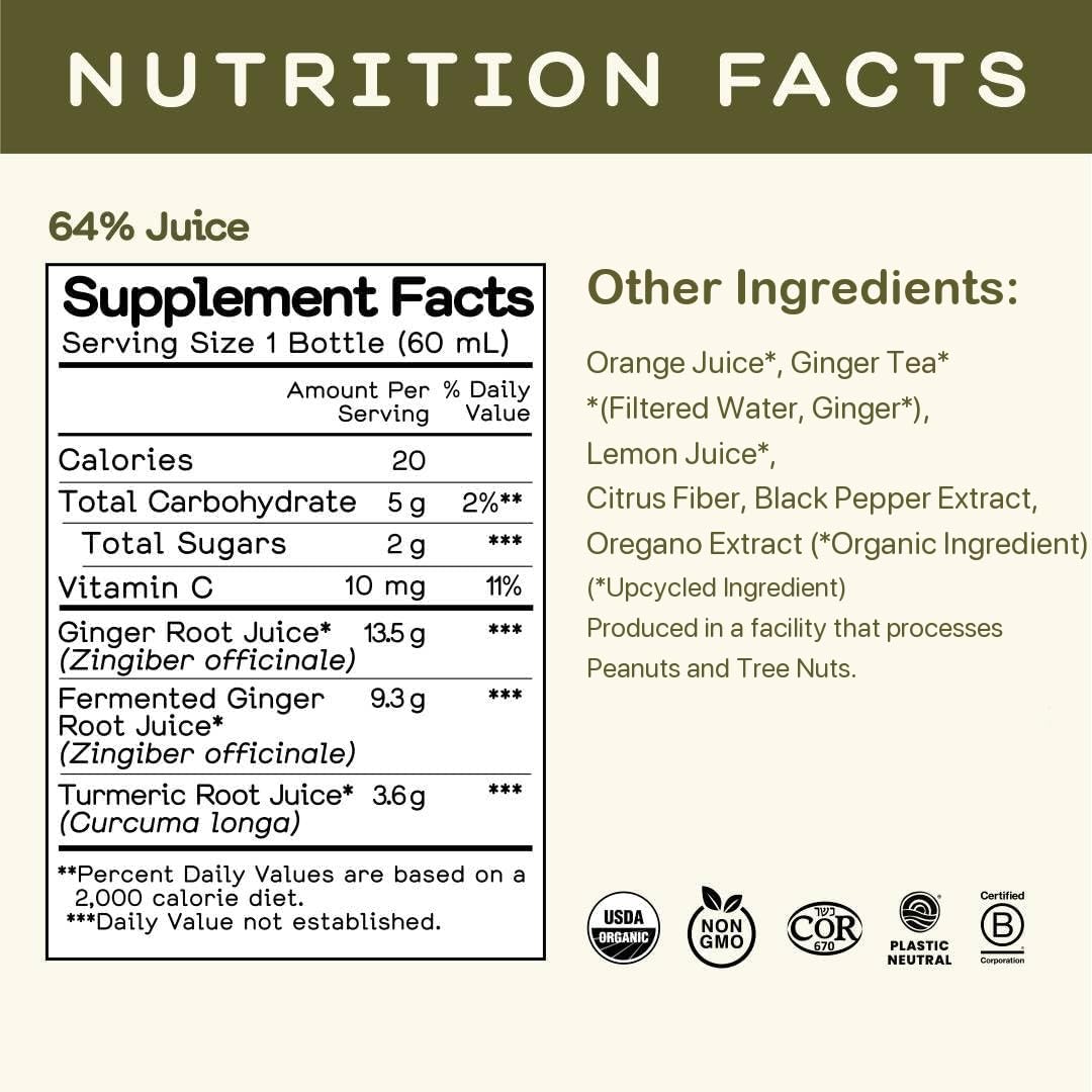 Close up of Greenhouse Juice cold pressed immune support shot packaging highlighting organic ingredients list.
