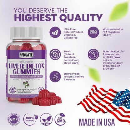 Apple flavored liver health gummies container detailing premium USA imported formulation.