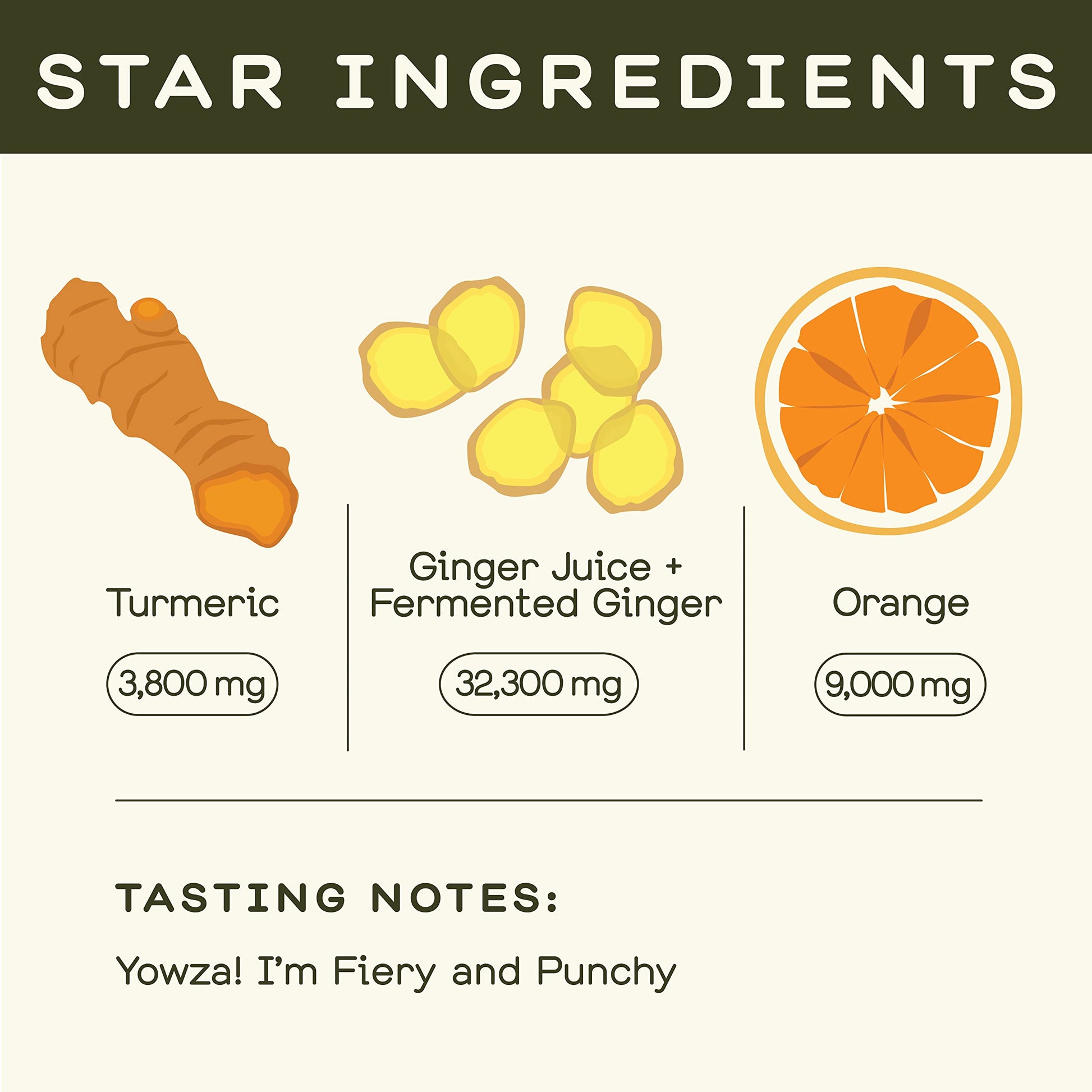 Sixty milliliter travel friendly glass bottles of Greenhouse Juice ginger turmeric booster side view.