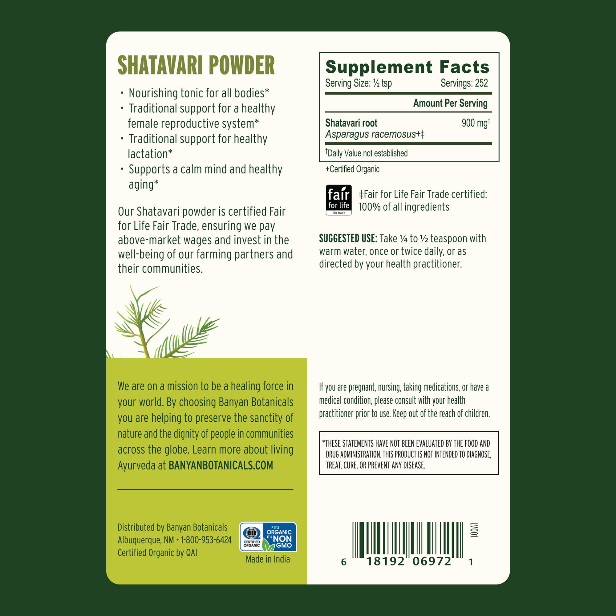 Banyan Botanicals Shatavari powder 227 grams jar